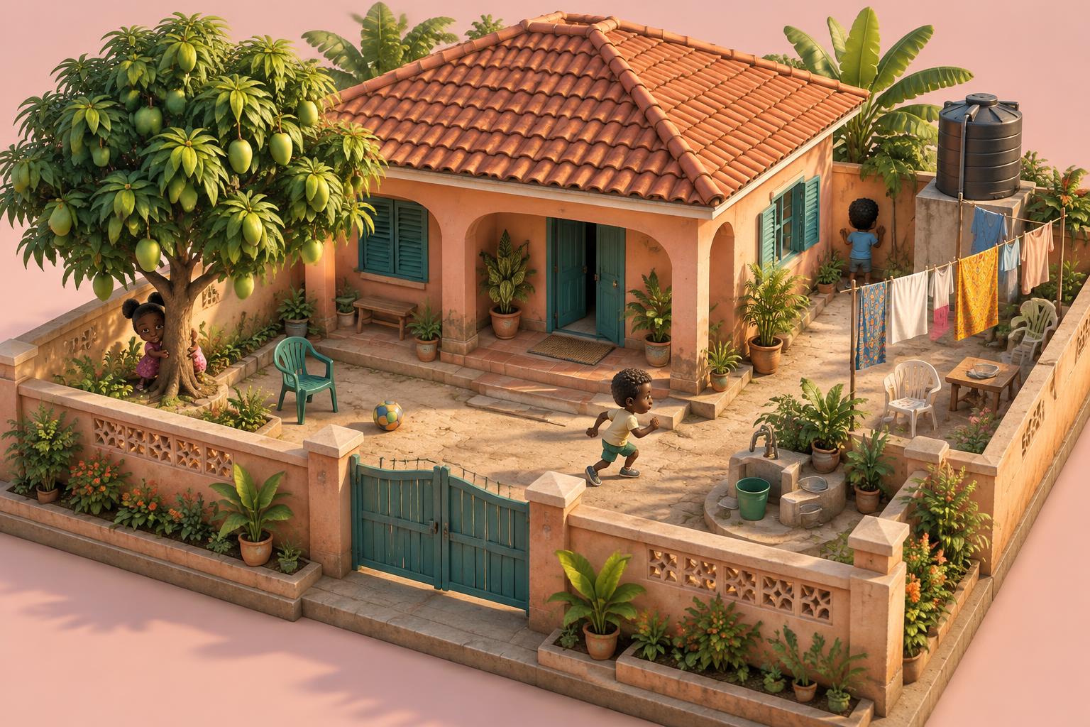 A playful 3D childhood home with a mango tree, courtyard, and siblings playing hide-and-seek